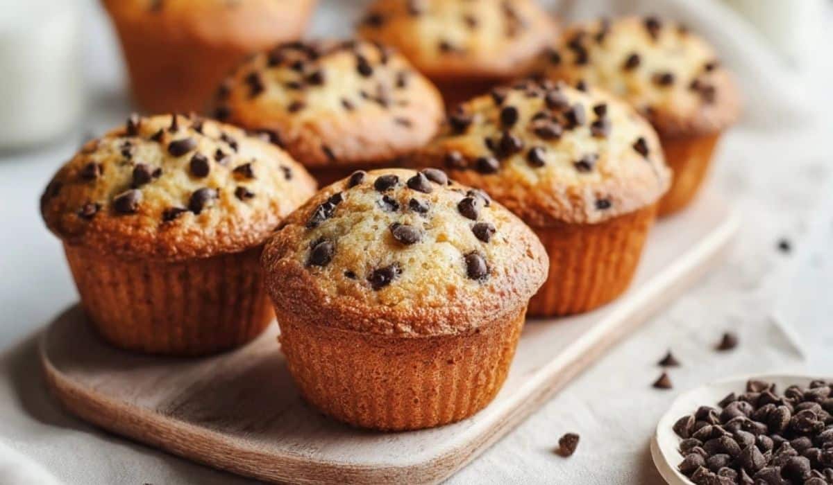 Bakery-Style Chocolate Chip Muffins on rustic tray