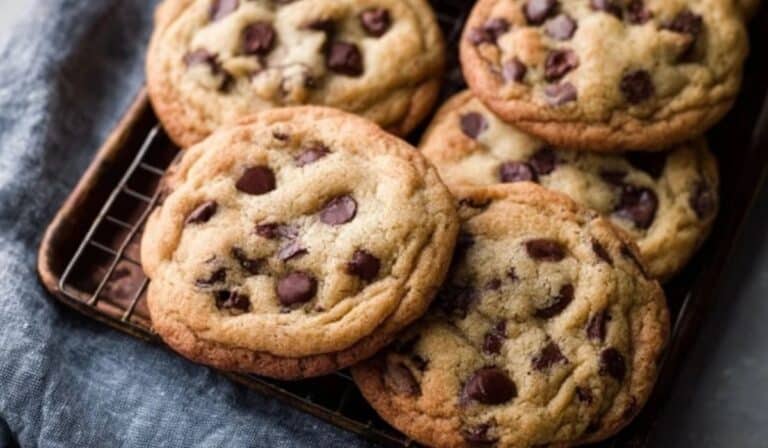 Chewy Chocolate Chip Cookies on rustic baking tray