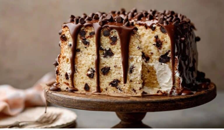 Chocolate Chip Cake with Ganache Drip on rustic stand