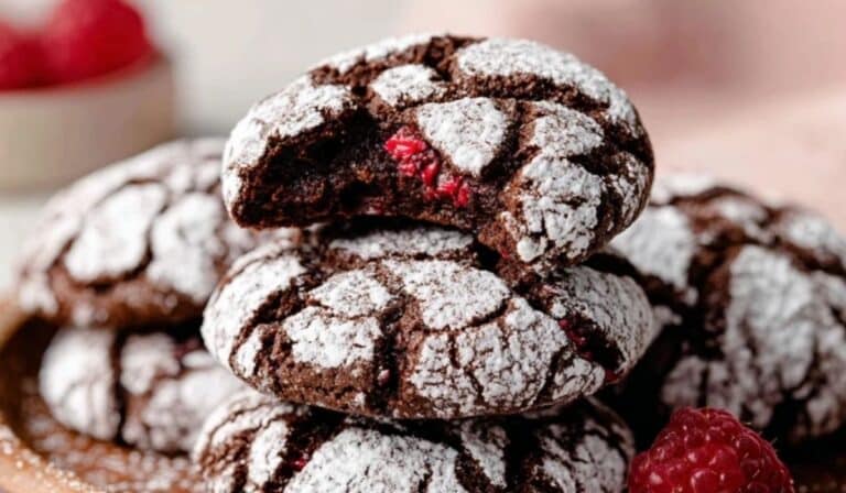 Chocolate Raspberry Crinkles served on a rustic plate