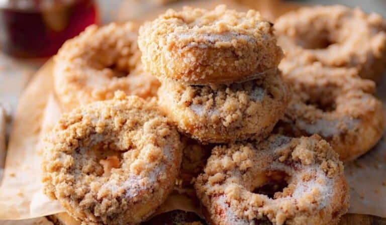 Crumb Cake Donuts served on a rustic board with golden crumb topping