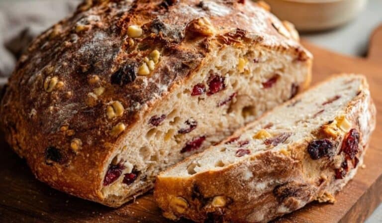 Crusty Cranberry Nut No-Knead Bread served on rustic cutting board