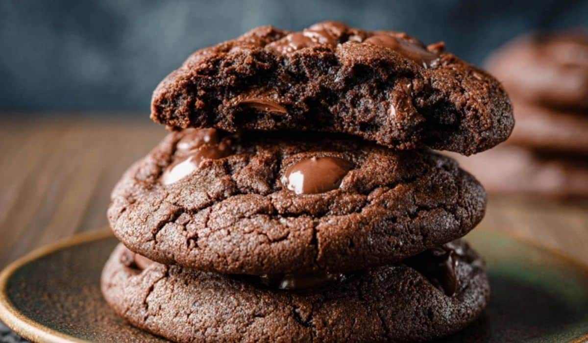 Double Chocolate Chip Cookies Recipe stacked on a plate