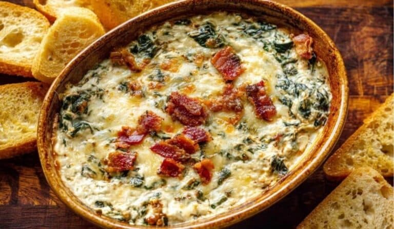 Garlic and Bacon Spinach Dip in a rustic bowl with bread