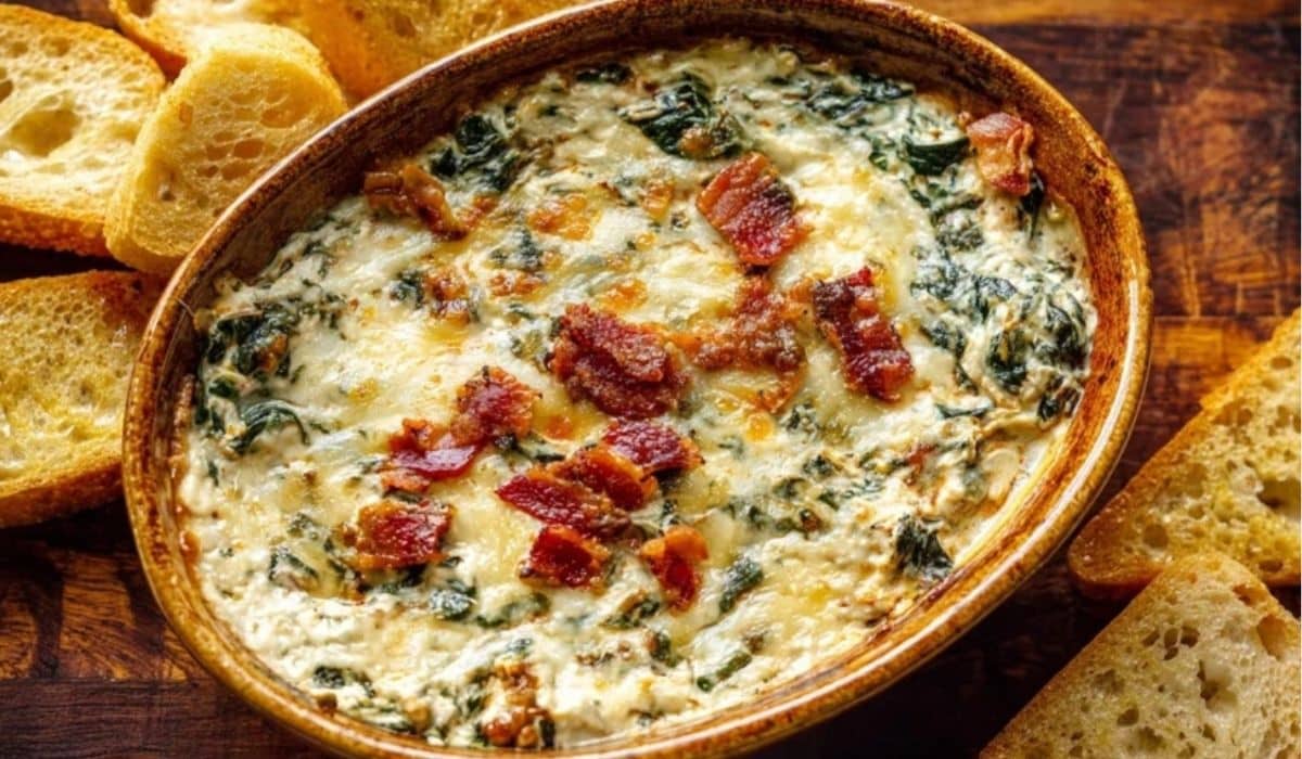 Garlic and Bacon Spinach Dip in a rustic bowl with bread