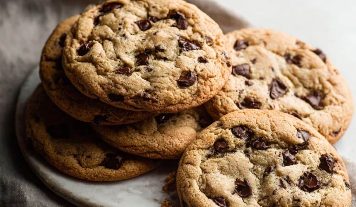 Giant Chocolate Chip Cookies on rustic white plate