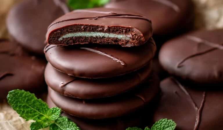Stack of Homemade Thin Mint Cookies on a ceramic plate