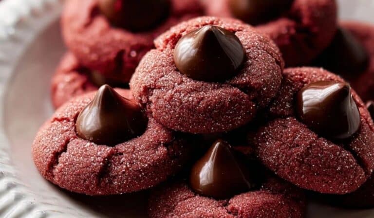 Red Velvet Kiss Cookies on festive plate with chocolate center