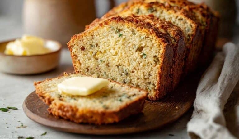 Savory Quick Bread sliced and served on wooden board