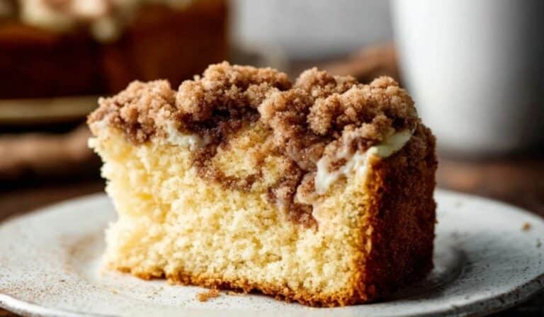 Sour Cream Coffee Cake with Crumb Topping served on rustic table overhead