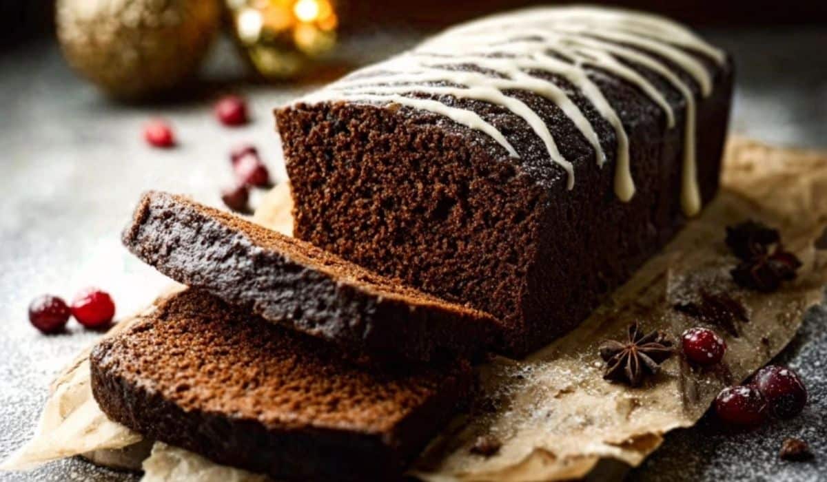 Sliced Spiced Gingerbread Loaf on wooden board with festive background