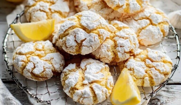 Very Lemon Crinkle Cookies served on white ceramic plate with lemon wedges