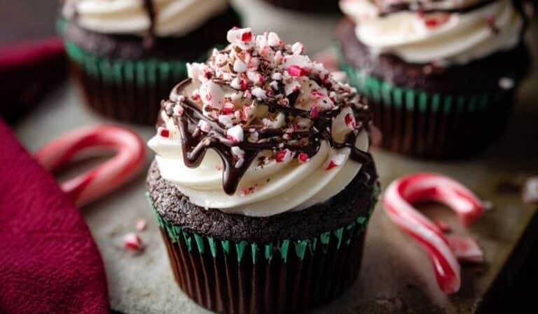 peppermint mocha cupcakes on rustic holiday table