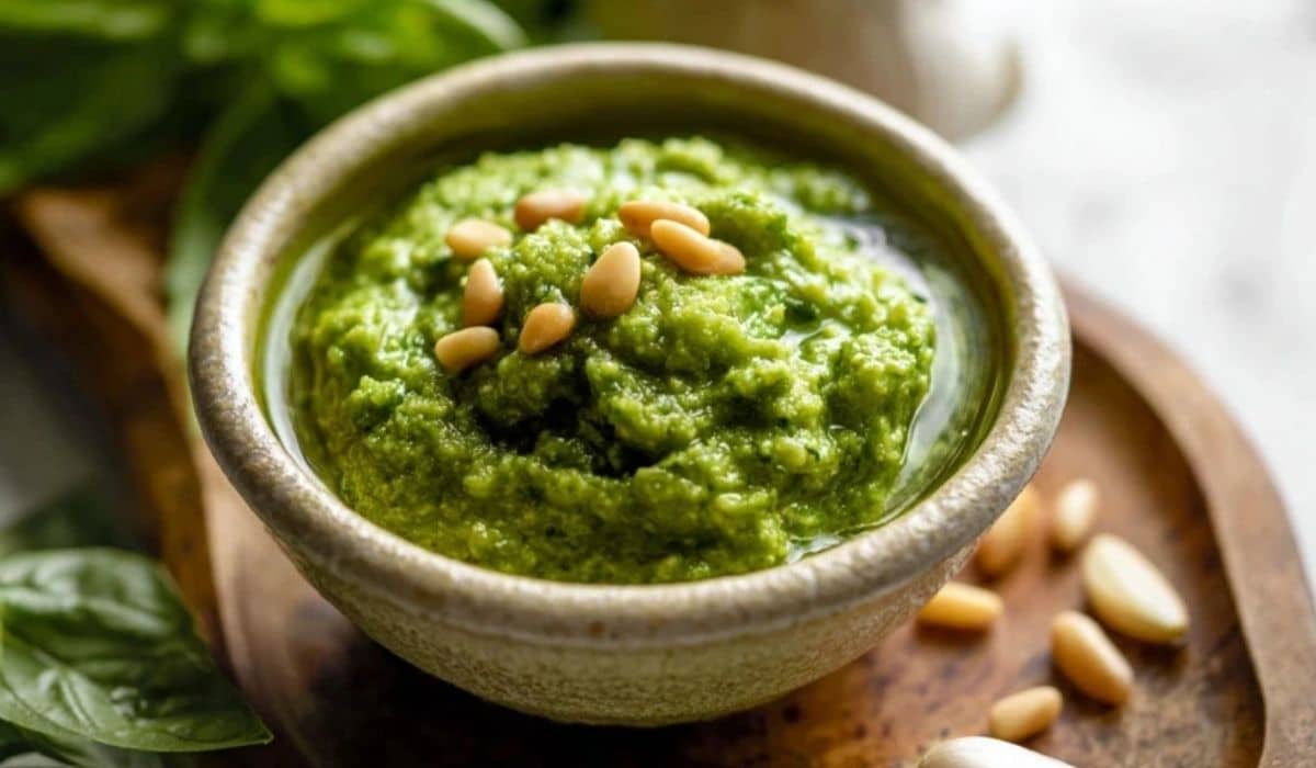 Featured serving of homemade pesto recipe in rustic bowl