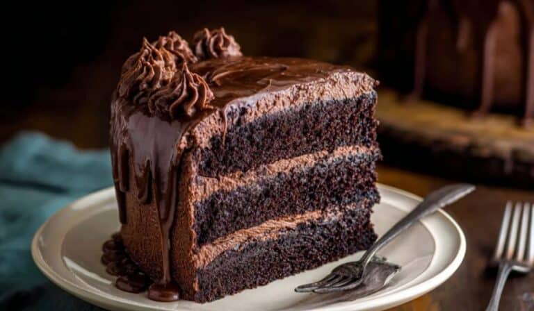 Triple Chocolate Cake on dessert stand with ganache drizzle