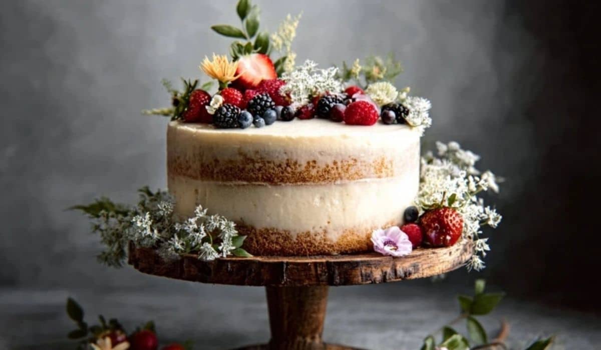Vanilla Naked Cake on rustic wooden stand with berry garnish