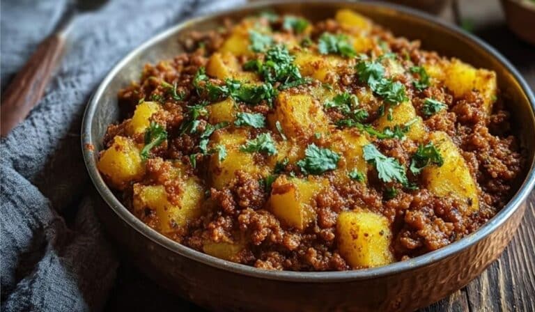 Aloo Keema served in rustic metal dish with coriander garnish