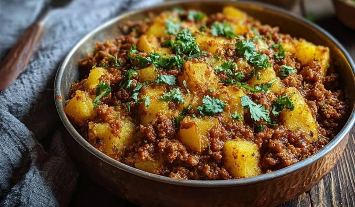 Aloo Keema served in rustic metal dish with coriander garnish