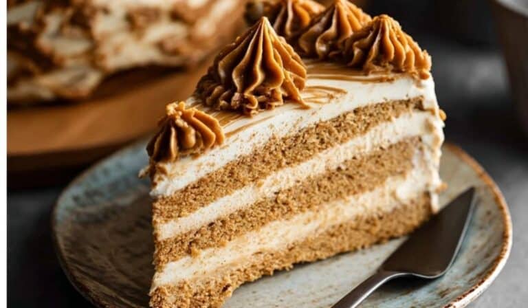 A slice of Biscoff Cake served on a ceramic plate