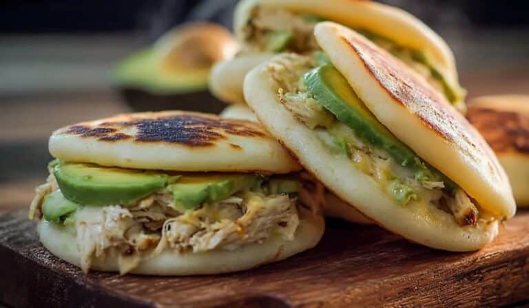Arepas Venezolanas served with chicken, avocado, and cheese