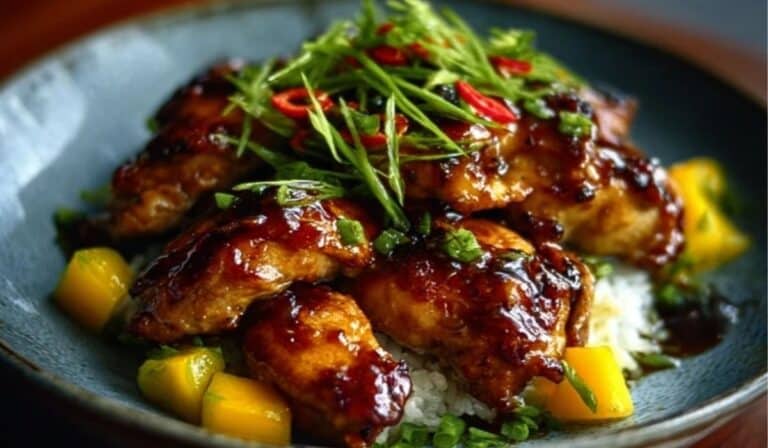 Asian Mangoe Glazed Chicken served on ceramic plate