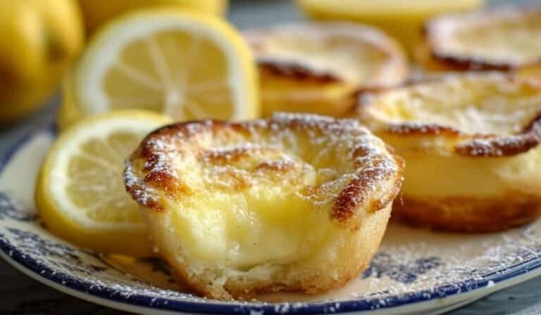 Baby Lemon Impossible Pies served on rustic white plate