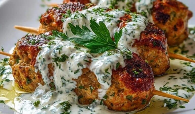 Chicken Kofta with Garlic Yogurt Sauce served with creamy yogurt