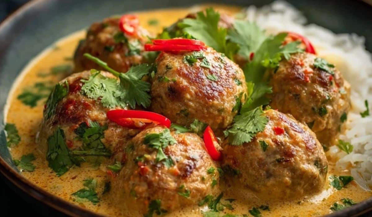 Coconut Curry Chicken Meatballs in creamy sauce served in a rustic bowl