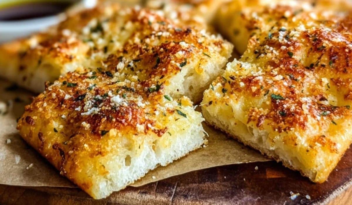 Crispy and Cheesy Garlic Parmesan Focaccia Bread served fresh on wooden board