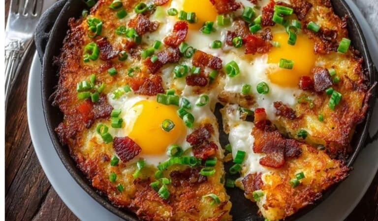 Crispy Hash Brown Breakfast Pizza served in a cast iron skillet with bacon and green onions