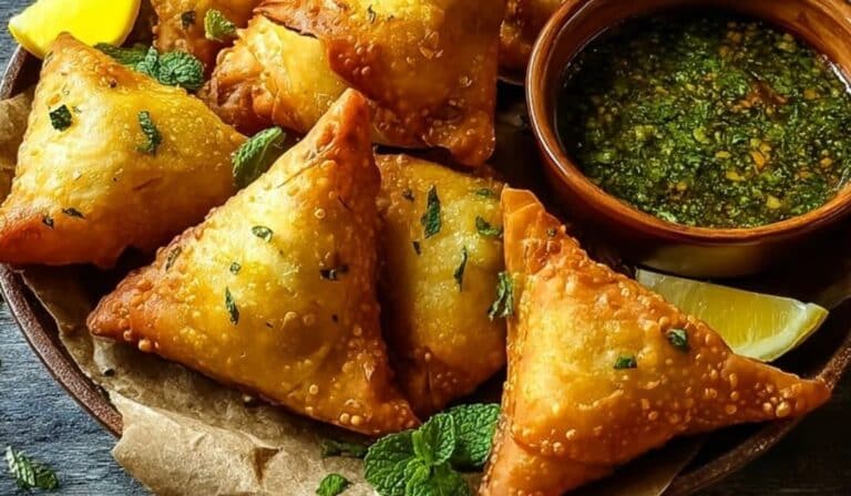 Crispy potato samosas served with chutney on rustic plate