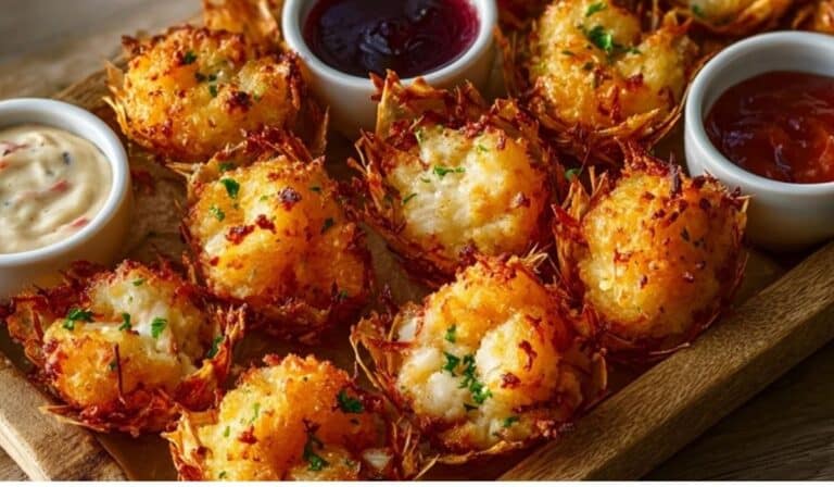 Crispy Shrimp and Crab Poppers served on wooden platter