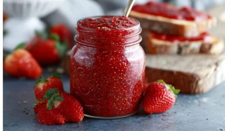 Easy 3-Ingredient Strawberry Chia Jam served in a rustic jar
