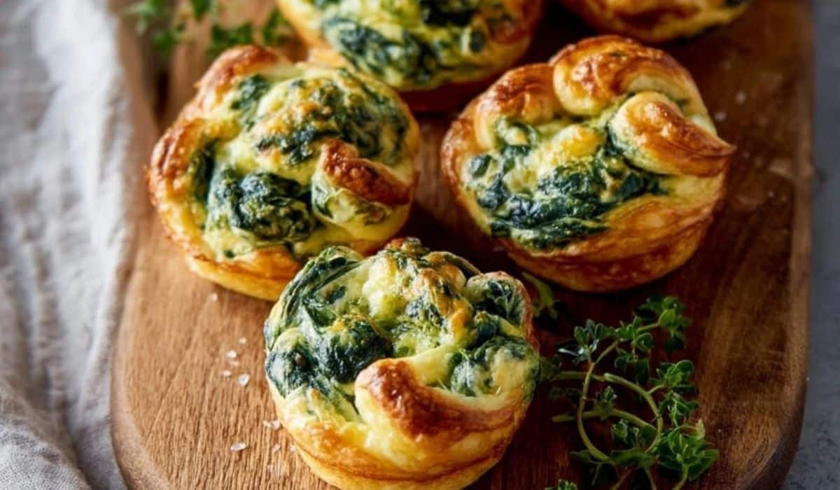 Featured Easy Spinach Cups served on a wooden board
