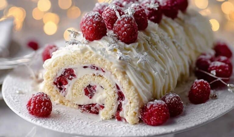 Easy White Chocolate Raspberry Yule Log Cake on holiday table