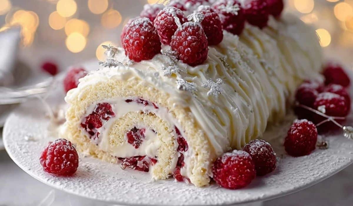 Easy White Chocolate Raspberry Yule Log Cake on holiday table