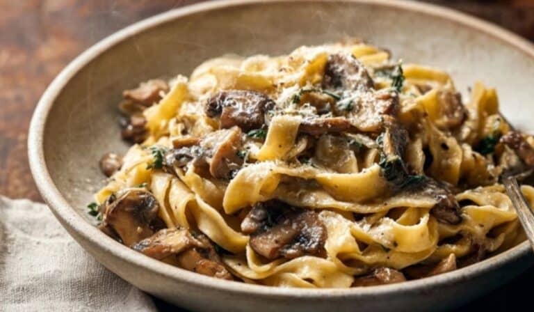 Garlic Mushroom Pasta served in a rustic bowl