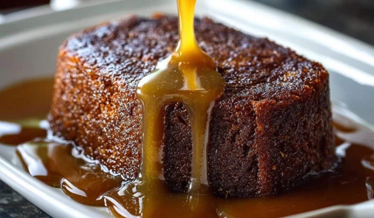 Gordon Ramsay Sticky Toffee Pudding plated with toffee sauce