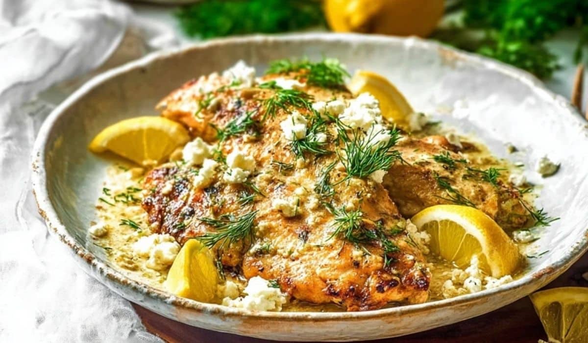 Greek Chicken with Lemon and Feta served on rustic plate