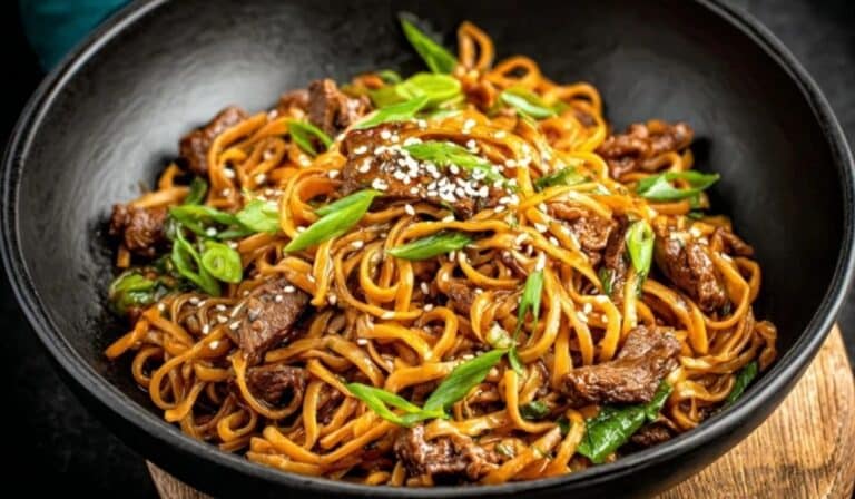 Hoisin Beef Noodles beautifully served in a black bowl
