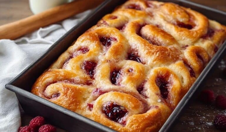 Homemade Jam Donut Focaccia served on rustic wood table