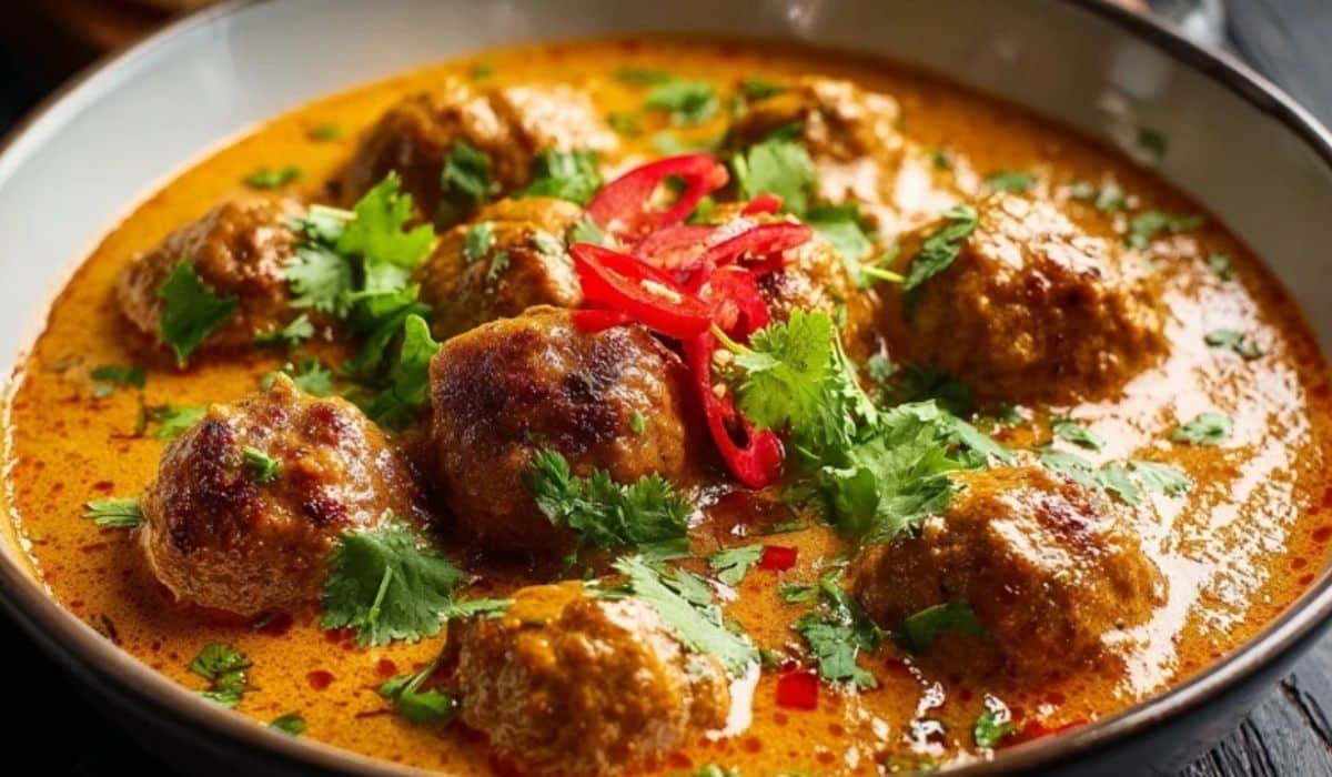 Indian Meatballs in Curry Sauce served in white bowl with naan