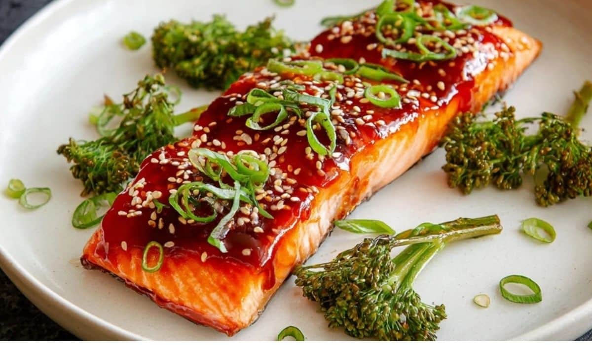 Korean Gochujang Salmon plated with garnishes