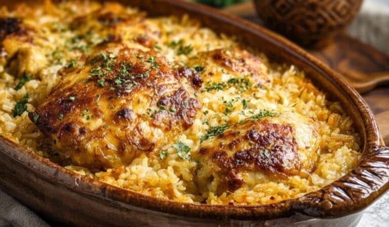 Featured image of Macau-Style Baked Portuguese Chicken Rice in a rustic baking dish