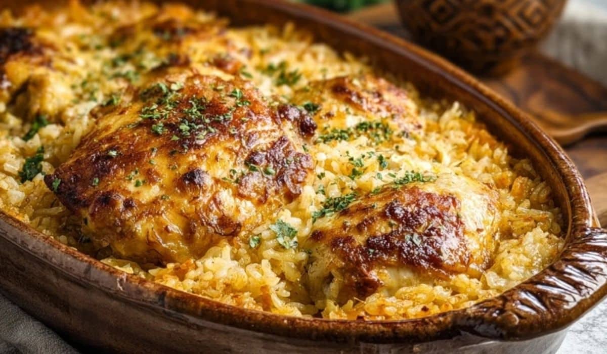 Featured image of Macau-Style Baked Portuguese Chicken Rice in a rustic baking dish
