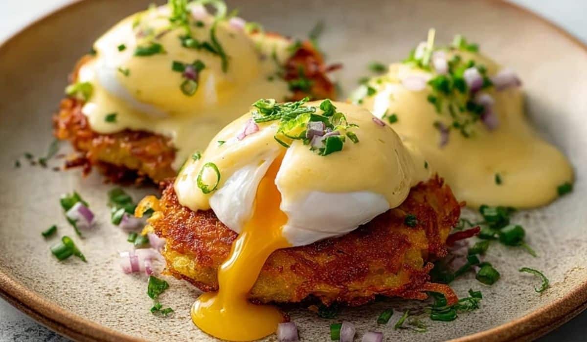 Mouthwatering Latke Eggs Benedict served on rustic plate with creamy hollandaise