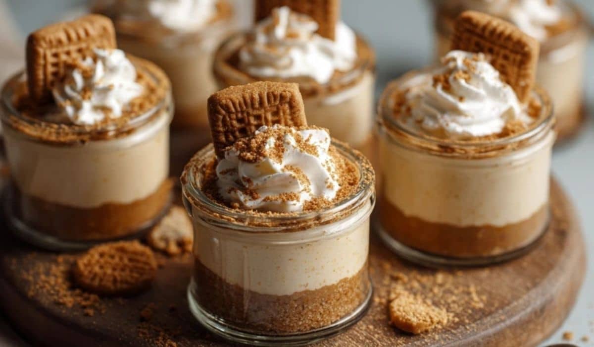 No-Bake Biscoff Cheesecake Cups served in glass jars