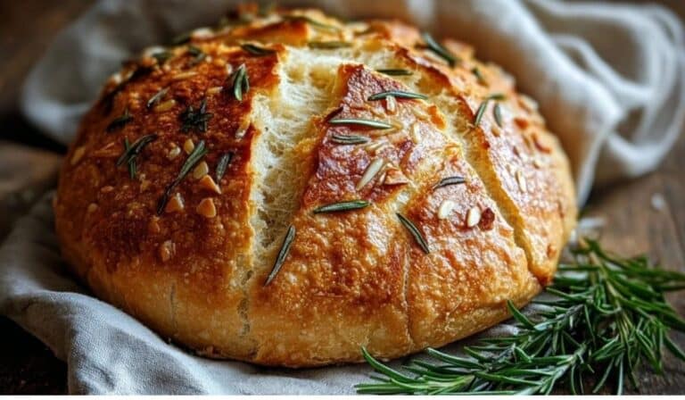 Featured No-Knead Roasted Garlic Rosemary Bread on rustic table