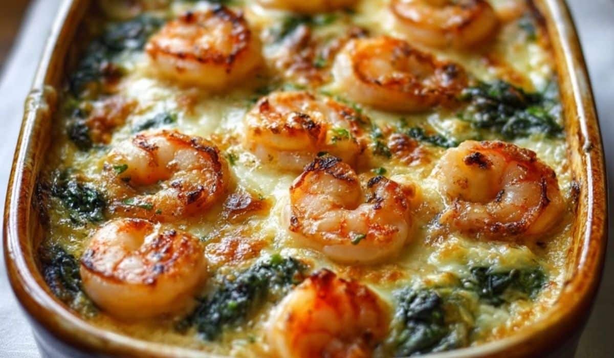 Oven-Baked Shrimp and Spinach Gratin in a rustic dish with golden cheese topping