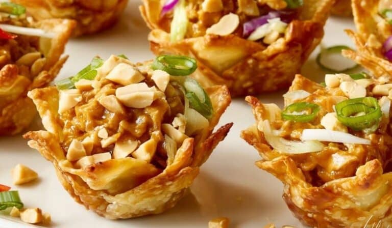 Peanut Chicken Wonton Cups on serving platter